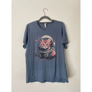 Cat Astronaut Graphic Tee Large men's‎ T-shirt Blue kitty lover Canvas